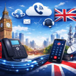Modern VoIP services in UK concept with IP phone, smartphone, cloud calling and UK business communication background.